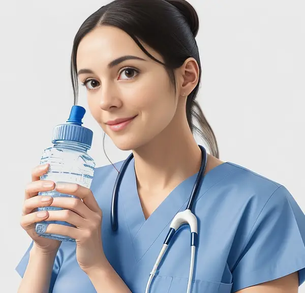 a caring nurse holding a water bottle, symbolizing hydration and wellness.