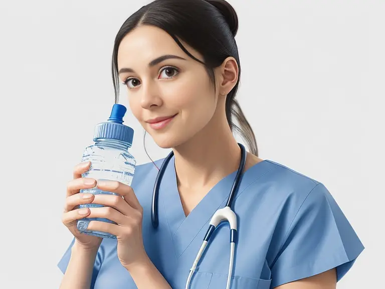 a caring nurse holding a water bottle, symbolizing hydration and wellness.