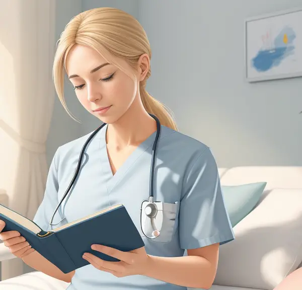 A nurse actively participating in a variety of calming and relaxation-promoting endeavors. She is reading a book.