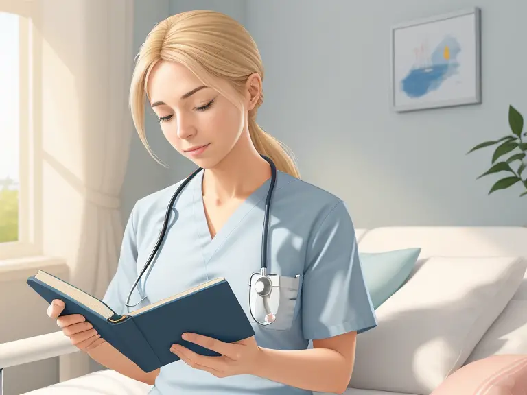 A nurse actively participating in a variety of calming and relaxation-promoting endeavors. She is reading a book.