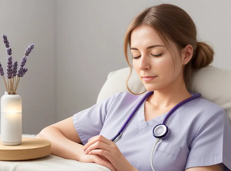 A nurse in a peaceful setting, using an aromatherapy diffuser. The diffuser is emitting a soothing mist infused with visible elements of lavender, eucalyptus, and chamomile. The nurse is relaxing, with her eyes closed as she breathes in the calming aromas.