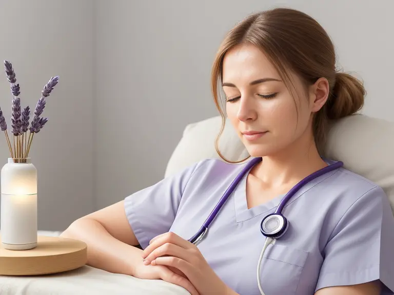 A nurse in a peaceful setting, using an aromatherapy diffuser. The diffuser is emitting a soothing mist infused with visible elements of lavender, eucalyptus, and chamomile. The nurse is relaxing, with her eyes closed as she breathes in the calming aromas.