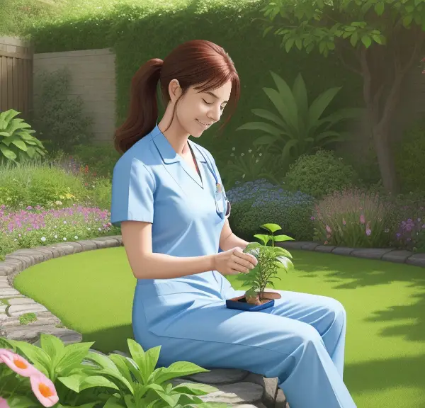 A nurse taking a break in a vibrant and peaceful garden. She's enjoying the soothing effects of nature, tending to various plants with tender care.
