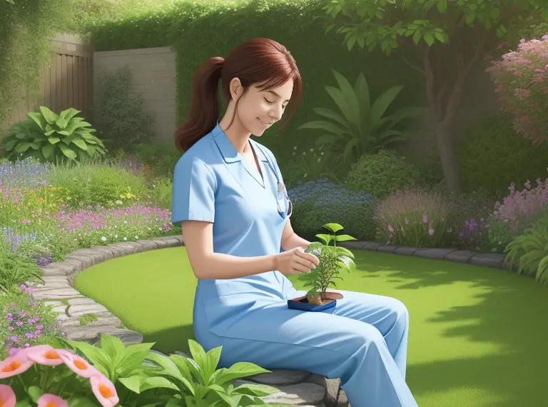 A nurse taking a break in a vibrant and peaceful garden. She's enjoying the soothing effects of nature, tending to various plants with tender care.