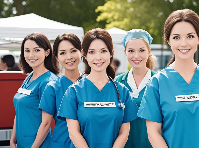 A group of nurses in blue scrubs volunteering and posing for a photo.