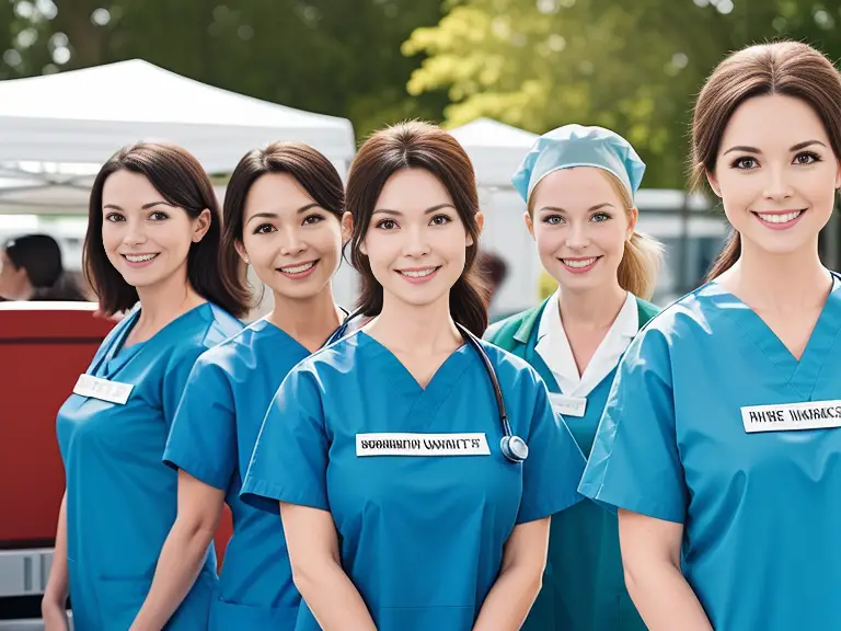 A group of nurses in blue scrubs volunteering and posing for a photo.