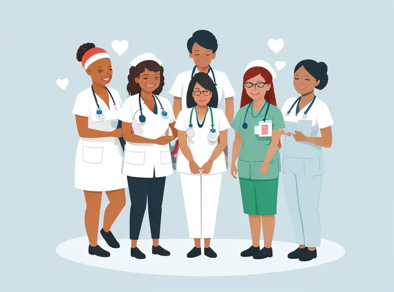 The image represents a diverse group of nurses working together in a collaborative and supportive environment, emphasizing teamwork and a positive workplace culture.