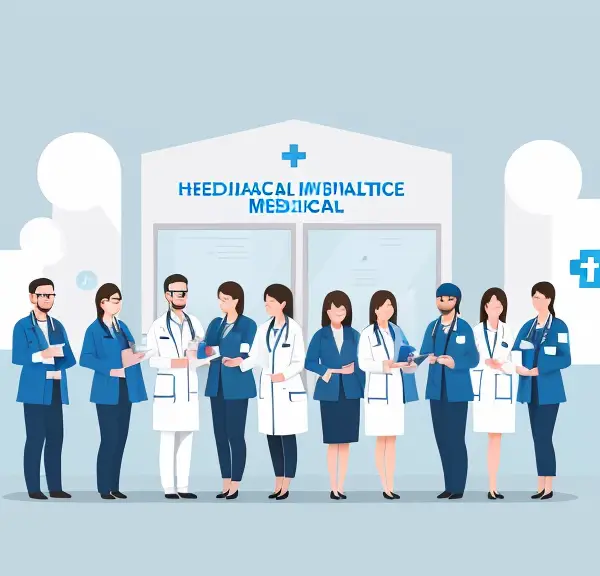 A team of healthcare experts with diverse backgrounds engaged in networking and collaborating within the premises of a medical facility.