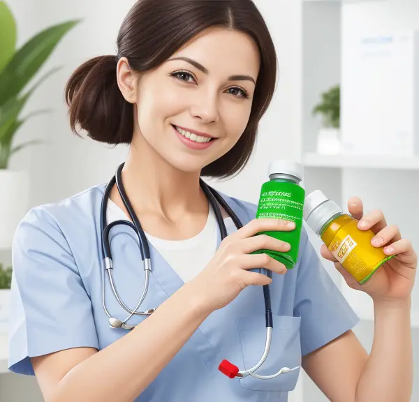 A nurse holding a bottle of dietary supplements, showcasing vitality and well-being.