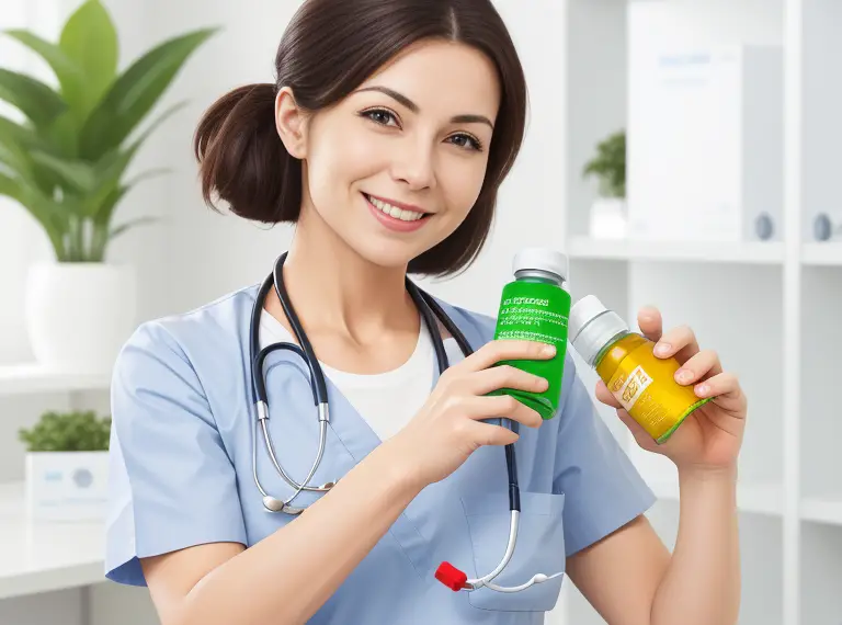 A nurse holding a bottle of dietary supplements, showcasing vitality and well-being.