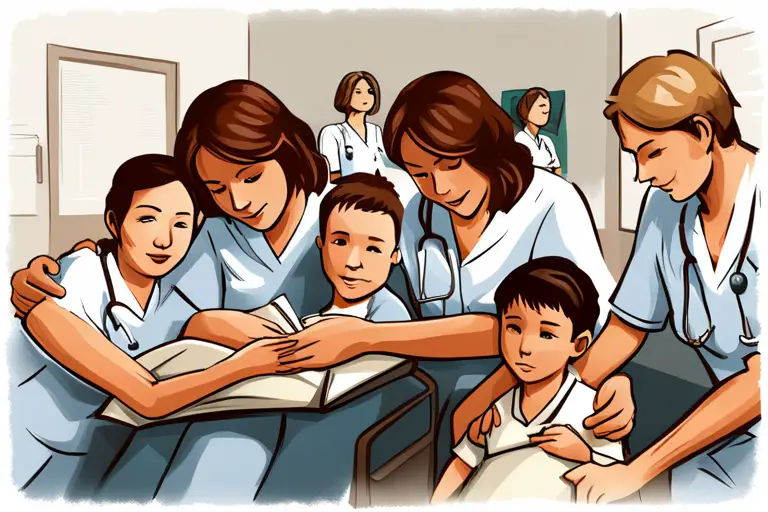 A caring nurse interacting with a patient and their family in a hospital setting, emphasizing the importance of family support in nursing.