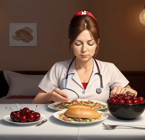 A nurse sitting at a table, having a meal composed of sleep-promoting foods, such as a bowl of cherries, a turkey sandwich, or a glass of warm milk. The background is showing a nighttime bedroom scene, symbolizing the connection between the meal and sleep.