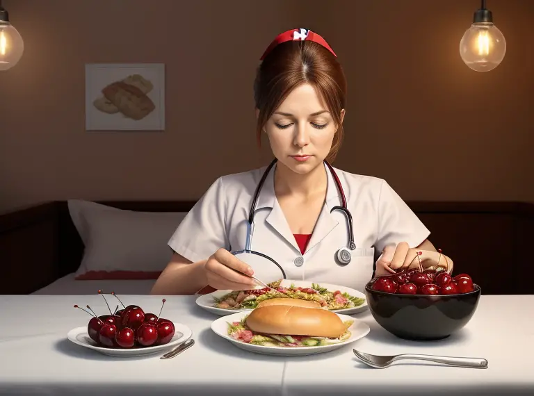 A nurse sitting at a table, having a meal composed of sleep-promoting foods, such as a bowl of cherries, a turkey sandwich, or a glass of warm milk. The background is showing a nighttime bedroom scene, symbolizing the connection between the meal and sleep.