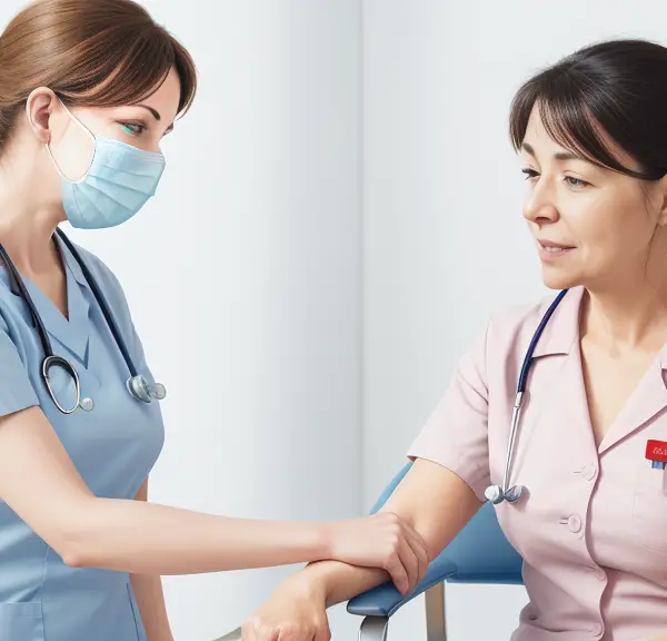 A nurse interacting with a patient in a professional, empathetic, yet detached manner. The nurse should be demonstrating a compassionate demeanor while maintaining distance. Visual metaphors like a subtle line or a faint barrier could be used to indicate the concept of professional boundaries.