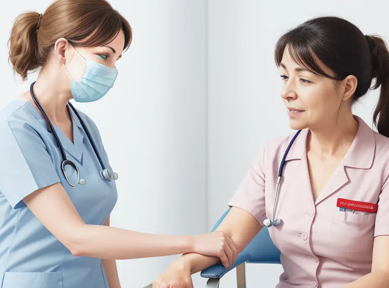 A nurse interacting with a patient in a professional, empathetic, yet detached manner. The nurse should be demonstrating a compassionate demeanor while maintaining distance. Visual metaphors like a subtle line or a faint barrier could be used to indicate the concept of professional boundaries.