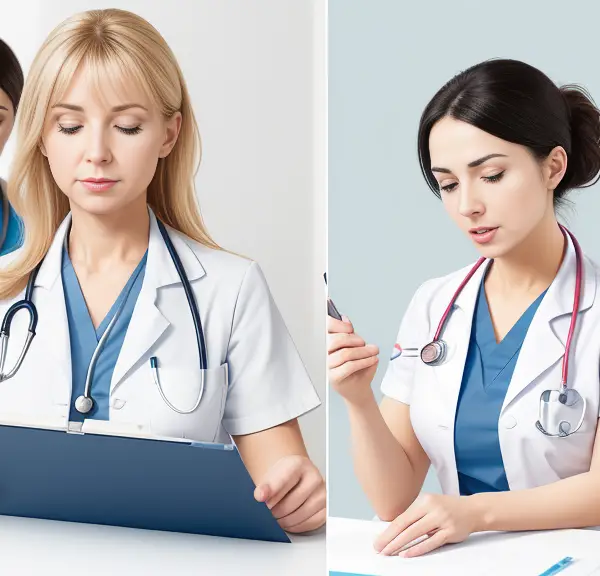 A nurse managing multiple tasks simultaneously while another nurse focuses on a single task, highlighting the differences between multi-tasking and single-tasking in nursing.