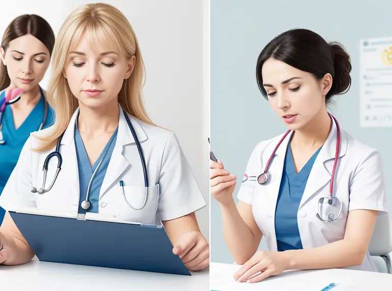 A nurse managing multiple tasks simultaneously while another nurse focuses on a single task, highlighting the differences between multi-tasking and single-tasking in nursing.
