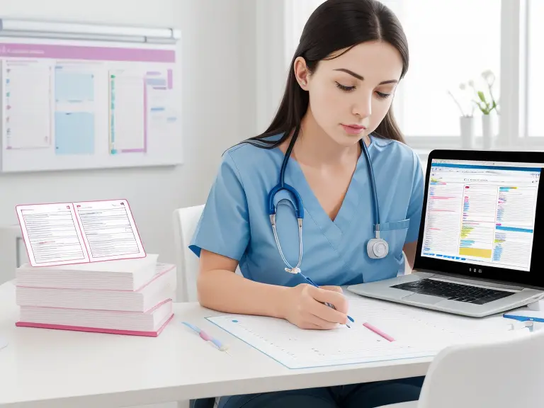 A nursing student studying for the NCLEX exam. Surround her with visual aids like flashcards, textbooks, a practice test on her computer screen, and a calm study environment.