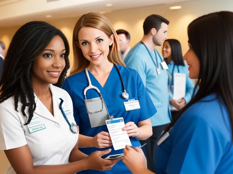Nurses at a networking event. a diverse group of nurses engaged in conversations, exchanging business cards, and participating in interactive sessions. An atmosphere of learning, collaboration, and professional growth. Including elements such as a conference venue, banners displaying the names of networking events, and nurses wearing badges.