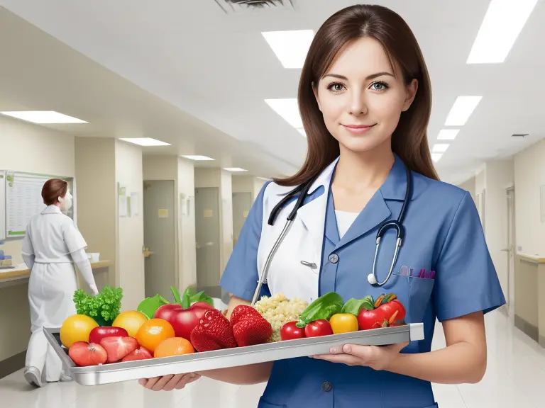 A nurse in her uniform, holding a tray full of healthy foods such as fruits, vegetables, lean proteins, and whole grains. The background can include a bustling hospital scene to indicate her work environment.