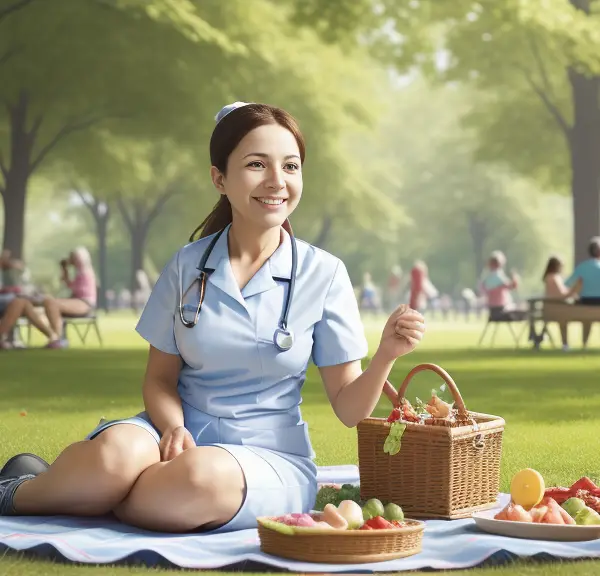 A nurse participating in multiple recreational outdoor pursuits. One could observe her relishing a delightful picnic amidst the radiant ambiance of a park.