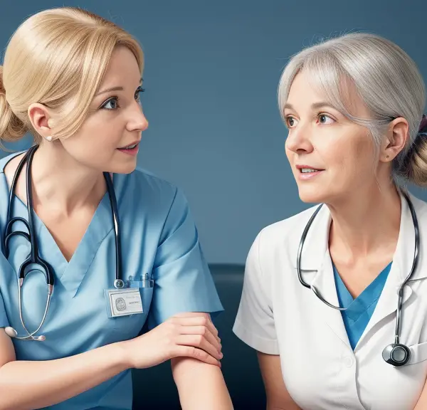The image depict a nurse engaging in active listening, demonstrating empathy, and utilizing non-verbal cues to establish a positive therapeutic relationship with a patient. The image convey a sense of trust, understanding, and collaboration between the nurse and the patient.