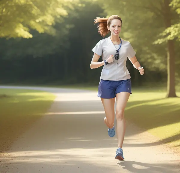 A nurse running in a peaceful outdoor setting.