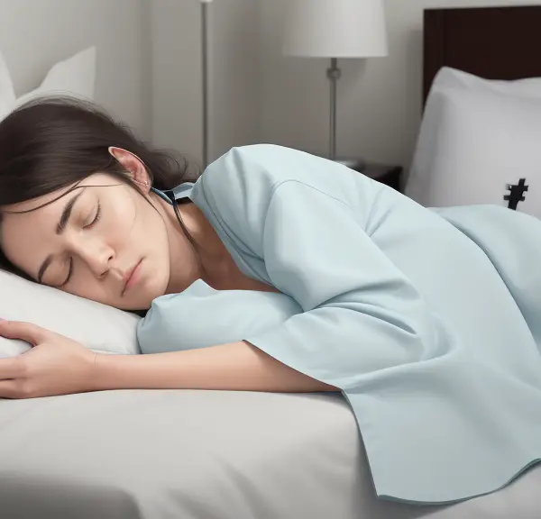 A nurse comfortably sleeping in a dark, quiet, and serene bedroom during the day, signifying the irregular sleep pattern associated with shift work. Around her, depict various sleep aids such as a sleep mask, earplugs, and a calming sleep-inducing alarm clock.