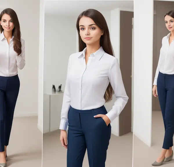 A girl standing in front of a mirror, dressed in comfortable yet professional attire suitable for the NCLEX exam day. The outfit is a pair of smart trousers, a comfortable blouse or shirt, and sensible shoes.