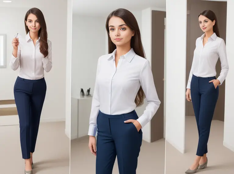 A girl standing in front of a mirror, dressed in comfortable yet professional attire suitable for the NCLEX exam day. The outfit is a pair of smart trousers, a comfortable blouse or shirt, and sensible shoes.
