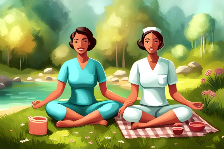 a nurse engaging in self-care activities such as meditation, yoga, or spending time in nature.