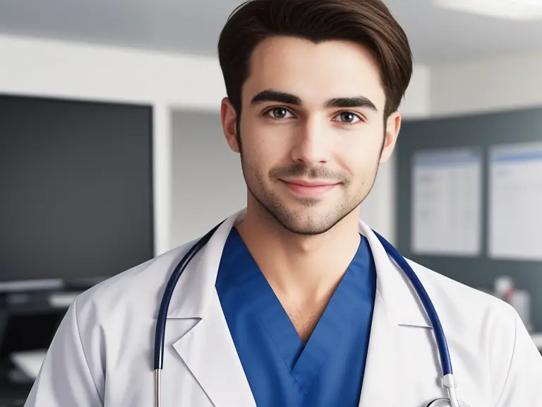 A male nurse is standing in an office with a stethoscope.