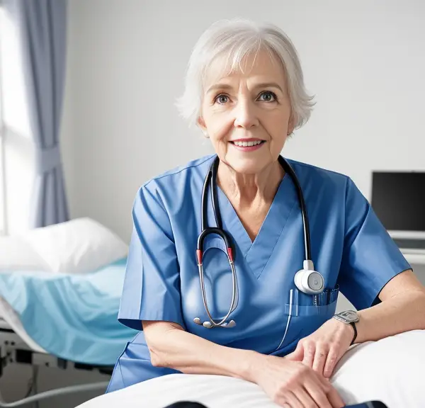 A nurse sitting on a bed with a stethoscope ponders nursing school enrollment age limits.