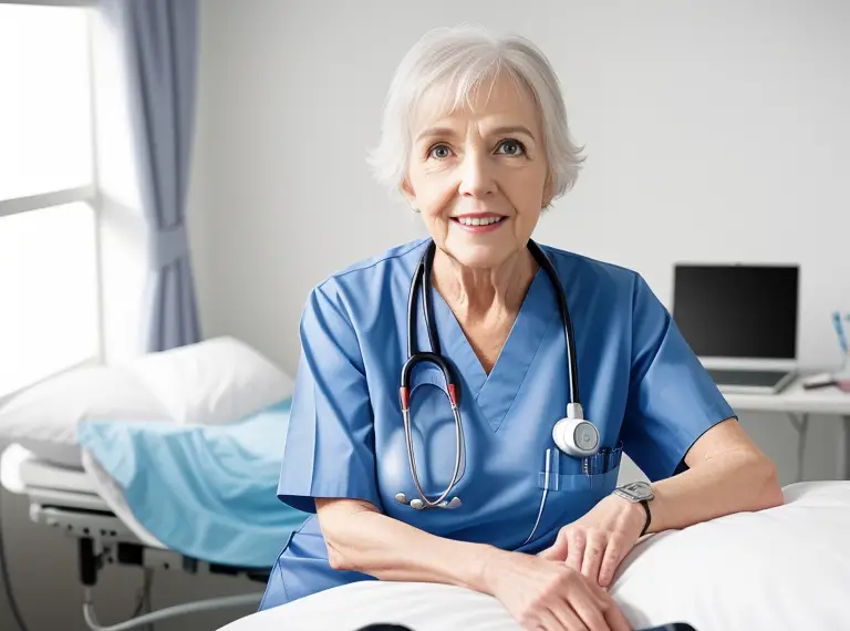 A nurse sitting on a bed with a stethoscope ponders nursing school enrollment age limits.