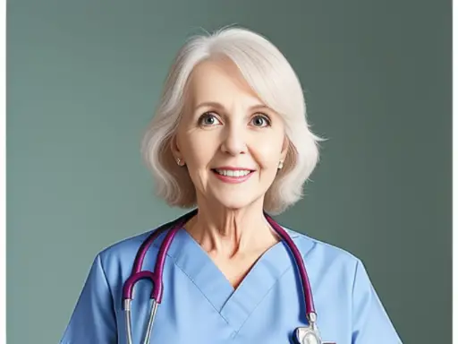 An older woman in scrubs considering nursing school.