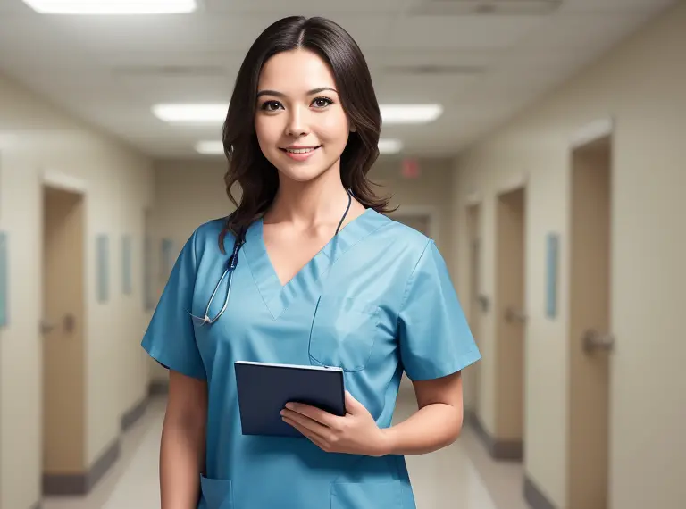 A nurse holding a clipboard in a hospital hallway.