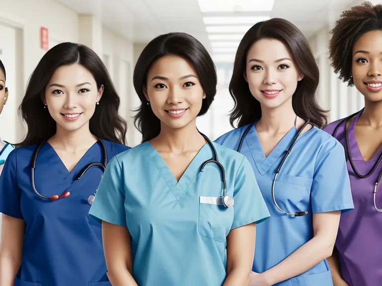 A group of female nurses wearing scrubs standing in a hallway.