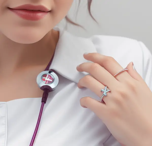 A woman wearing a stethoscope and a ring - Nurses, rings.
