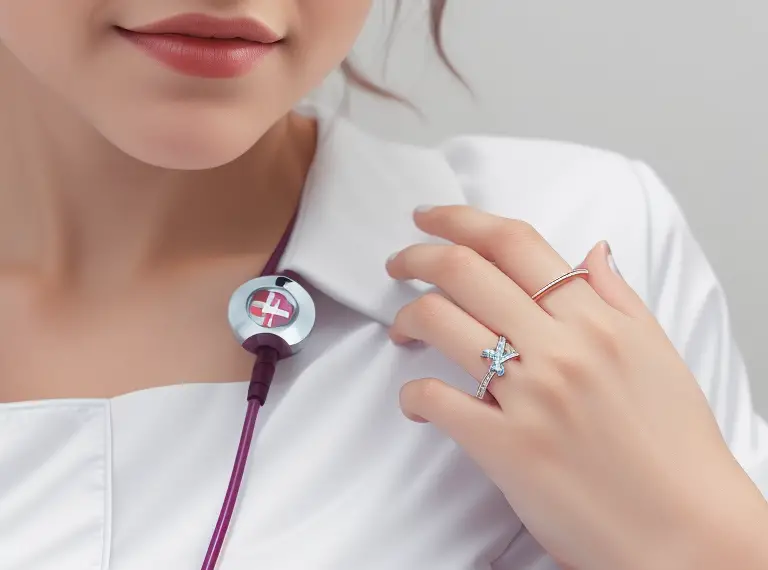 A woman wearing a stethoscope and a ring - Nurses, rings.