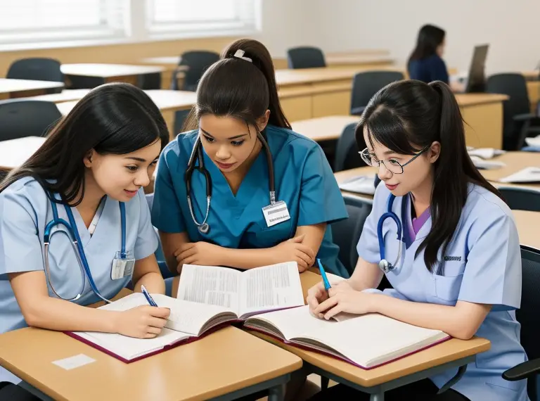 A group of nursing students studying in a classroom.