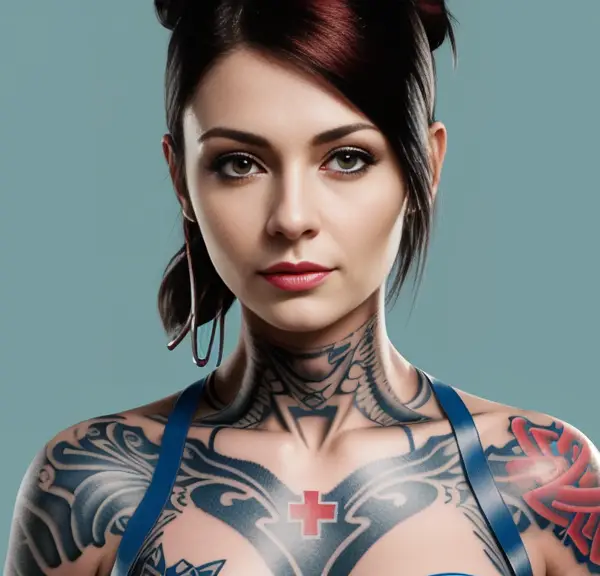 A woman with tattoos posing on a blue background flaunting her ink.