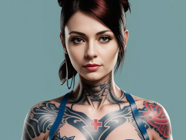 A woman with tattoos posing on a blue background flaunting her ink.