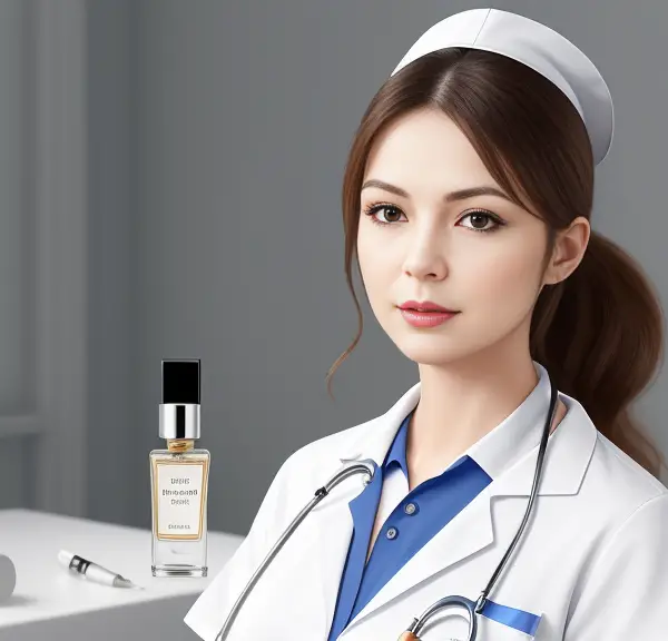 A nurse standing next to a bottle of perfume.