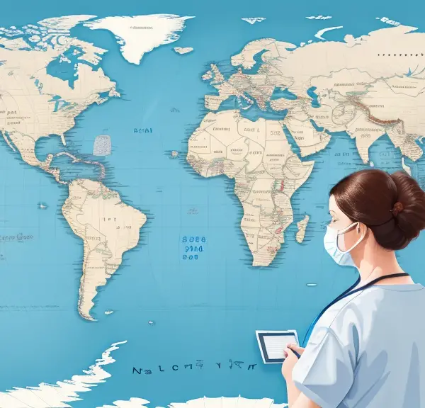 A travel nurse examining a world map with a tablet.