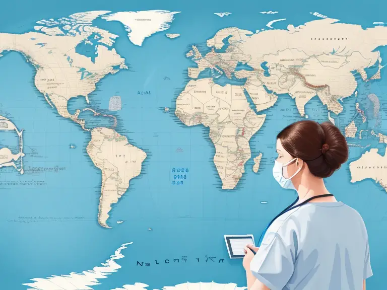 A travel nurse examining a world map with a tablet.