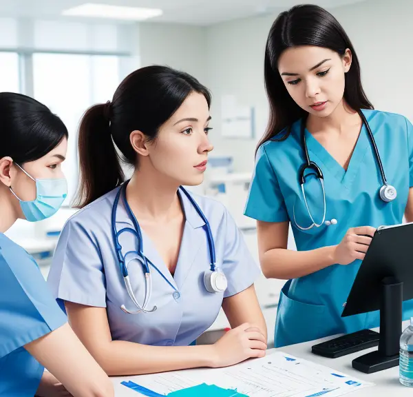 Three nurses in scrubs looking at a tablet while on Suboxone.