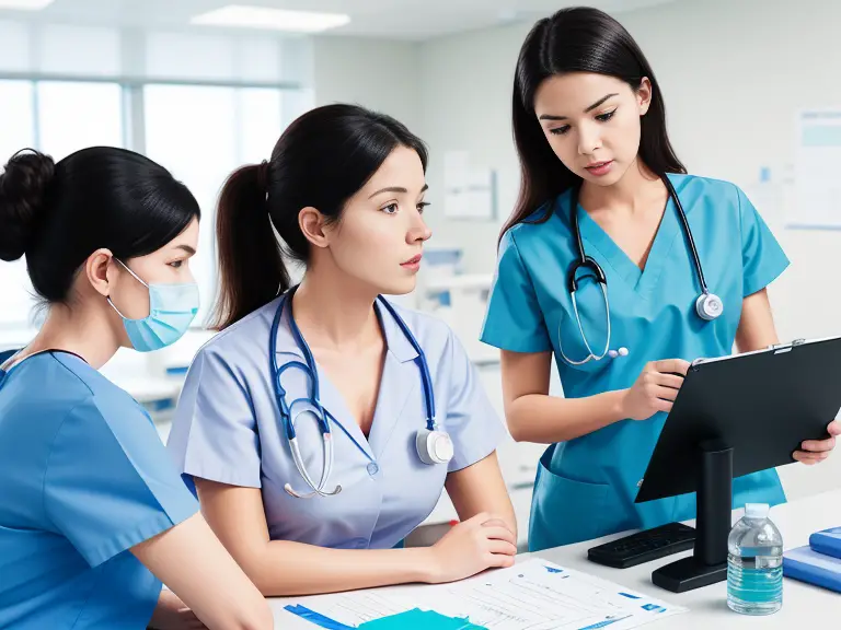 Three nurses in scrubs looking at a tablet while on Suboxone.