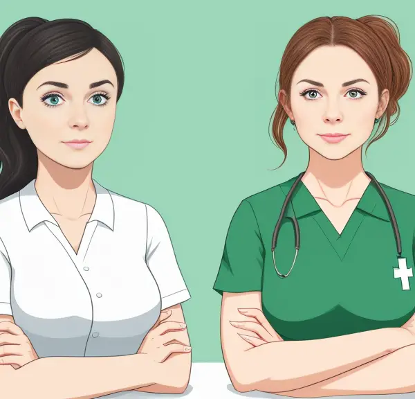 Two female standing in front of a green background, discussing the benefits of studying accounting versus nursing.