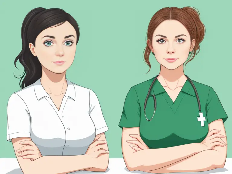 Two female standing in front of a green background, discussing the benefits of studying accounting versus nursing.