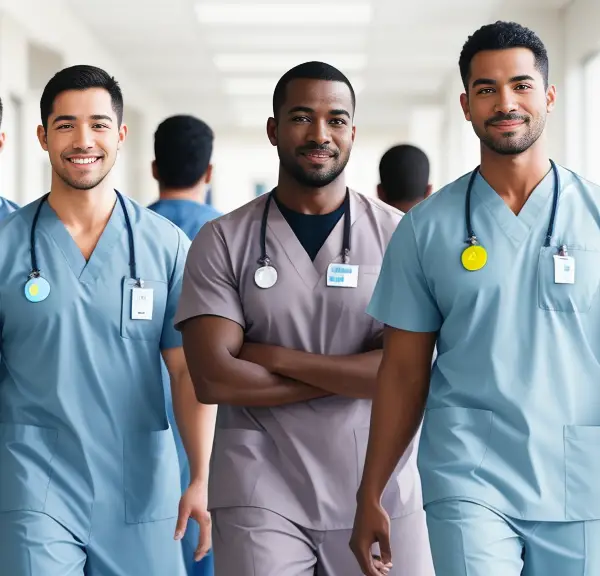 A group of men in scrubs walking down a hallway.